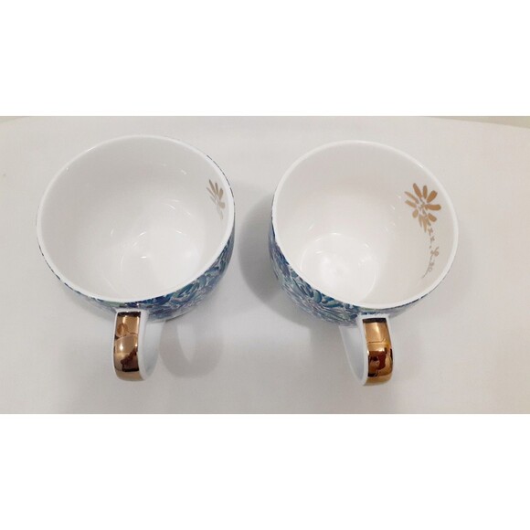 2 Lilly Pulitzer Coffee Cup Mug Teacups Porcelain Blue Floral Gold Handle 12oz - Picture 6 of 9